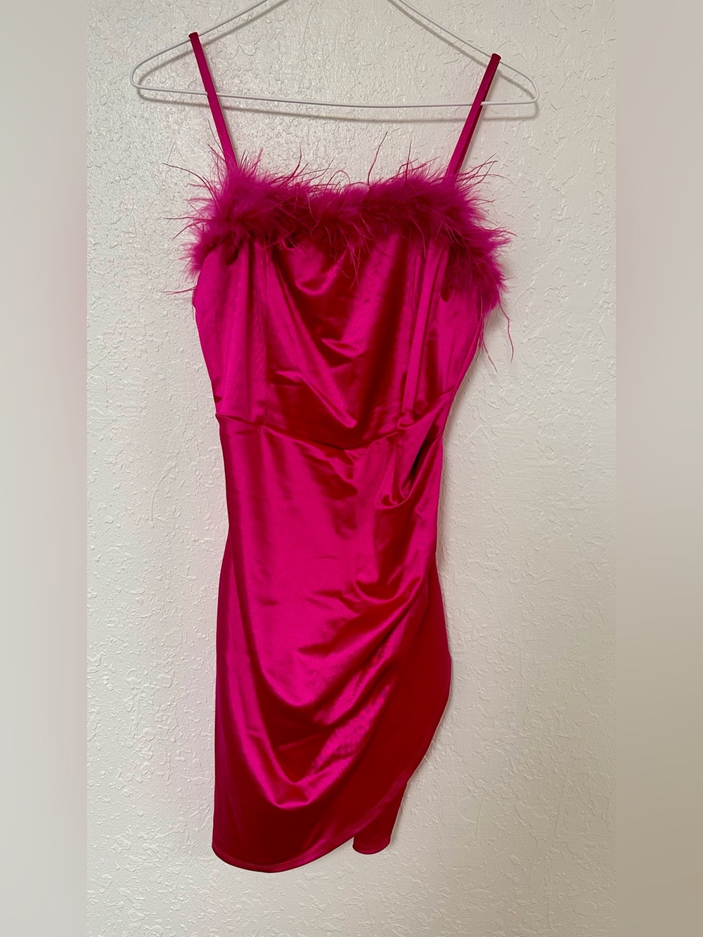 HOT PINK SATIN FEATHER MINI DRESS